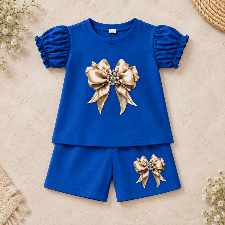 Royal blue puff sleeve top and shorts with gold bows on a realistic pale stone catalog background
