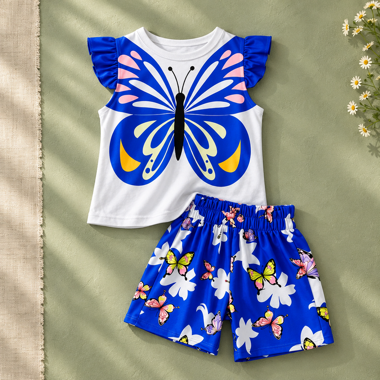 Blue butterfly wing top and floral shorts on sage green studio background