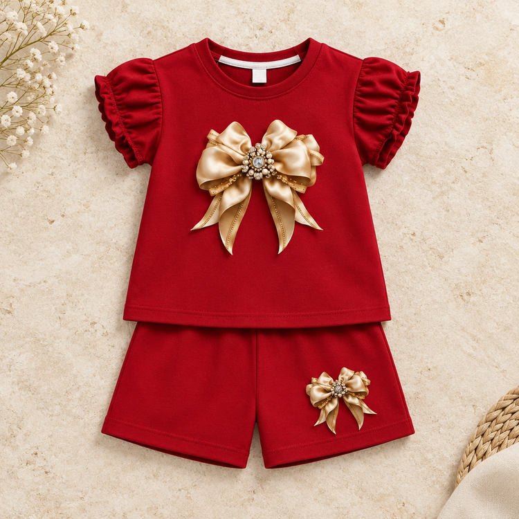 Red puff sleeve girls top and matching shorts with gold bows on realistic ivory catalog background