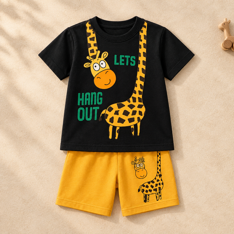Black giraffe graphic T-shirt and yellow shorts kids set on a realistic warm catalog background