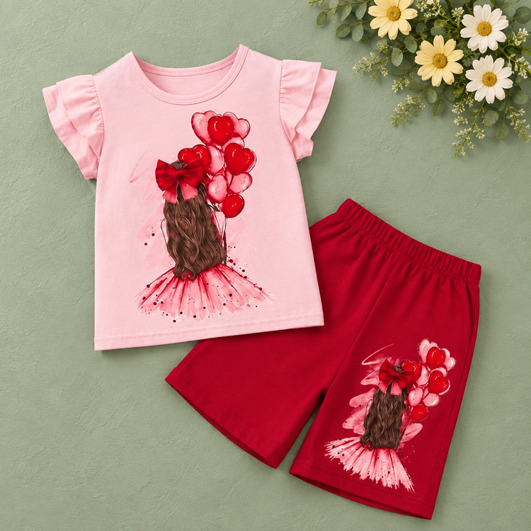 Girls pink heart balloon graphic top and red shorts on sage green catalog background with pale daisies