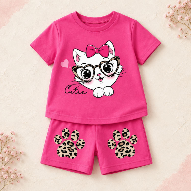 Pink kitty T-shirt and leopard paw print shorts on a realistic catalog background