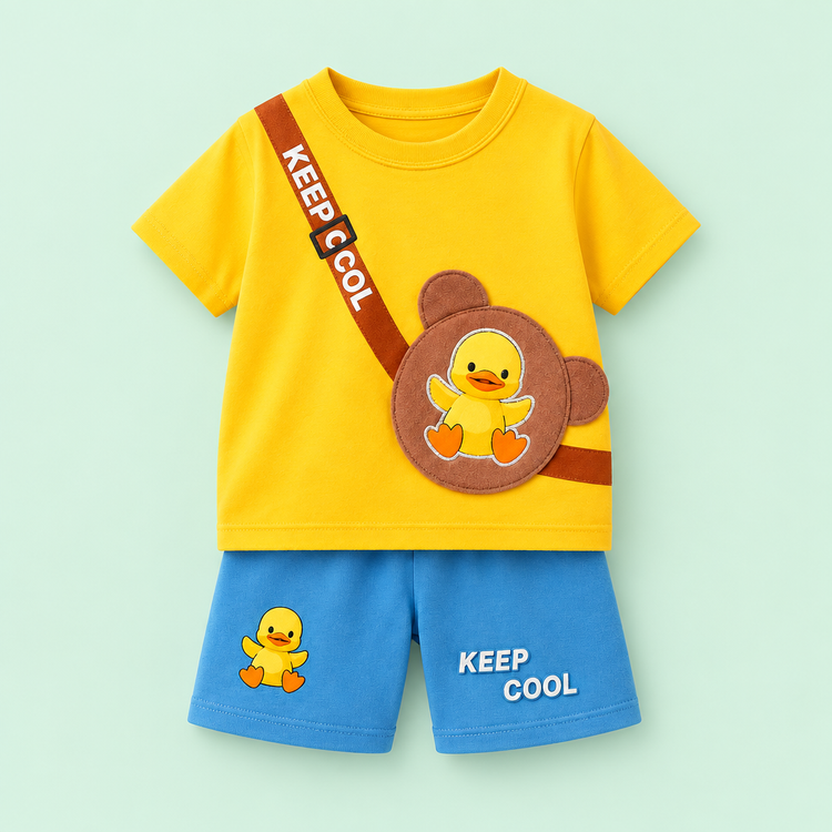 Yellow duck-print kids T-shirt and blue matching shorts on a pastel mint background