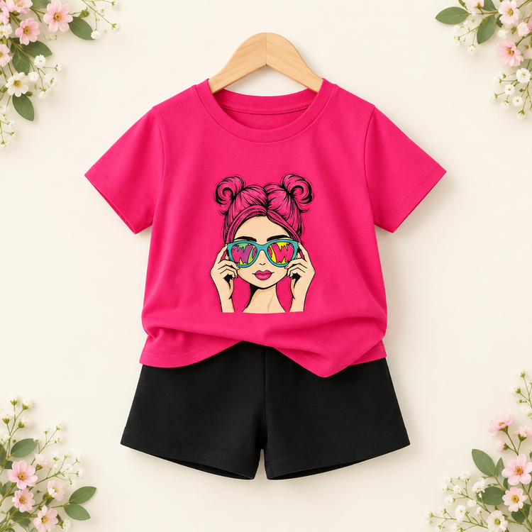 Pink kids graphic T-shirt and black shorts on a delicate floral studio background