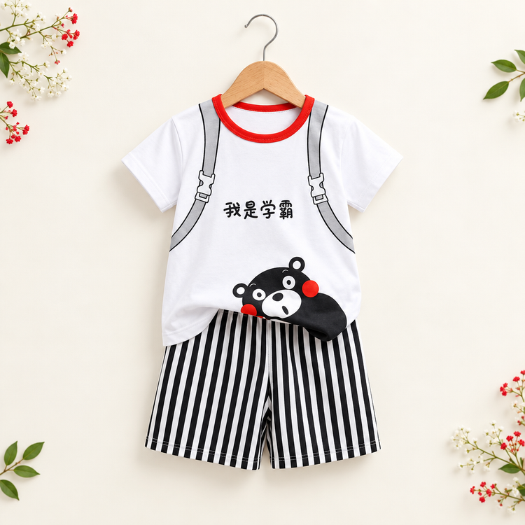White kids bear graphic T-shirt and black-and-white striped shorts on floral catalog background