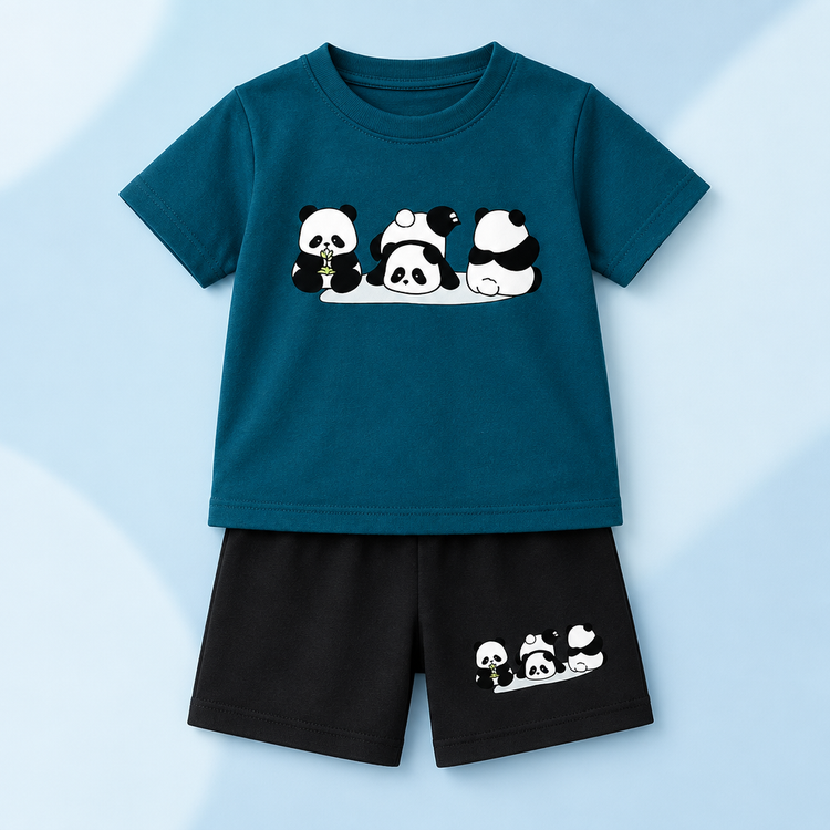 Teal panda-print kids T-shirt and black shorts against a pastel blue studio background