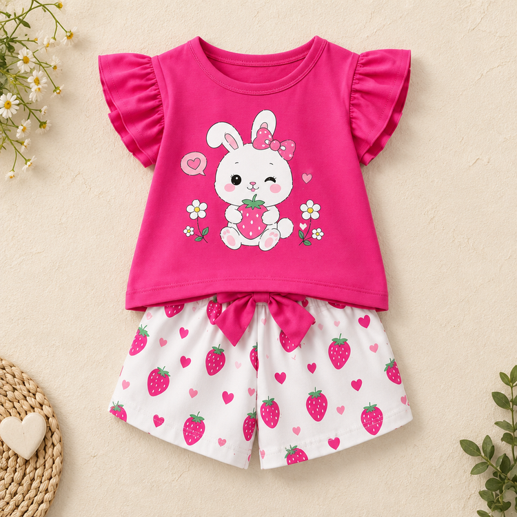 Pink bunny flutter sleeve top and white strawberry print shorts on a warm neutral catalog background