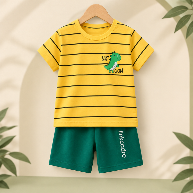 Yellow striped dinosaur T-shirt and green kids shorts against a stylish cream and sage backdrop