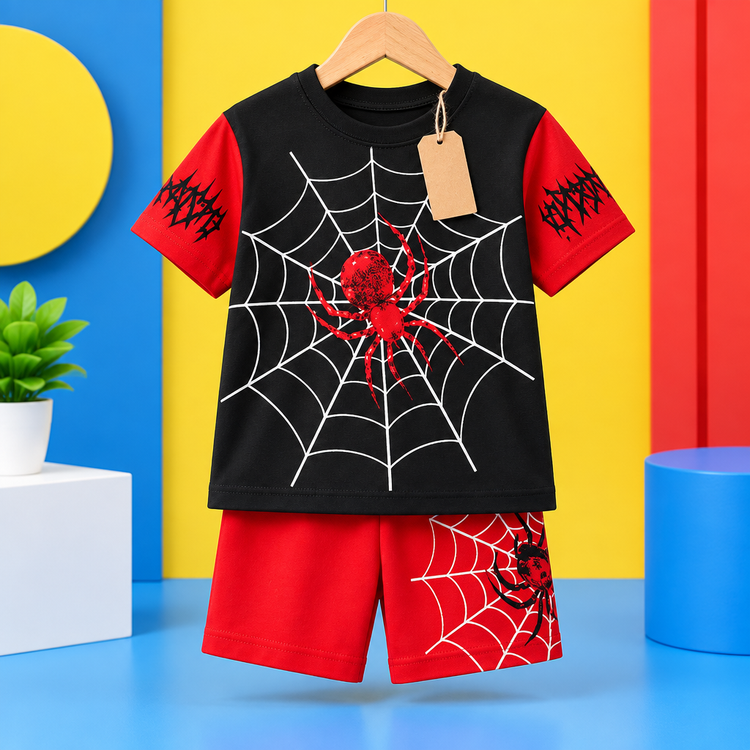 Boys black and red spider web graphic tee and shorts set on hanger with bright background