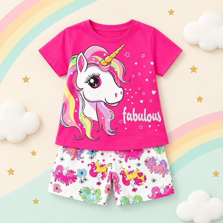 Girls hot pink unicorn tee and unicorn print shorts set on a pastel rainbow background