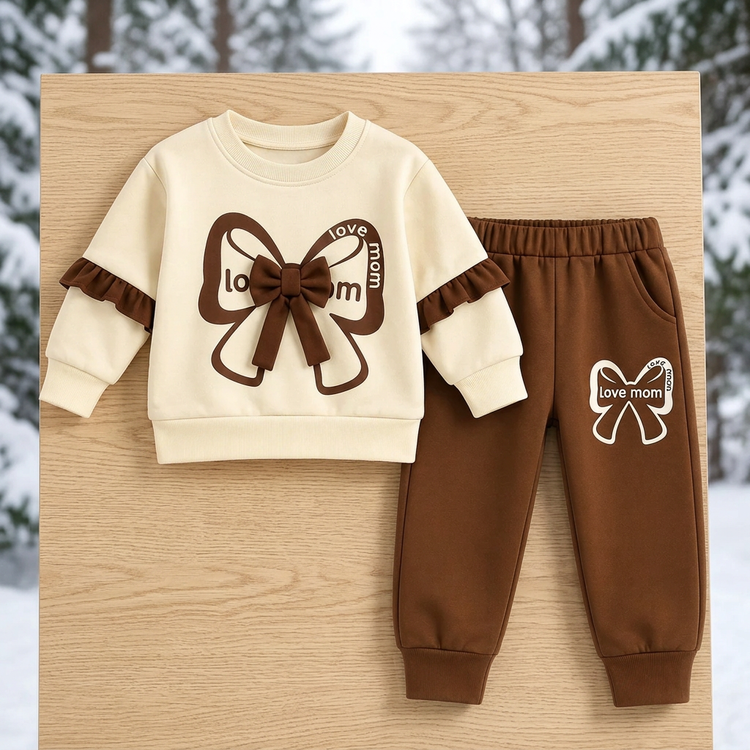 Cream Love Mom bow sweatshirt with brown sleeve ruffles and matching brown joggers in a snowy woodland catalog setting