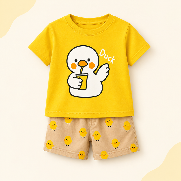 Yellow duck graphic kids T-shirt with beige chick-print shorts on a warm studio background