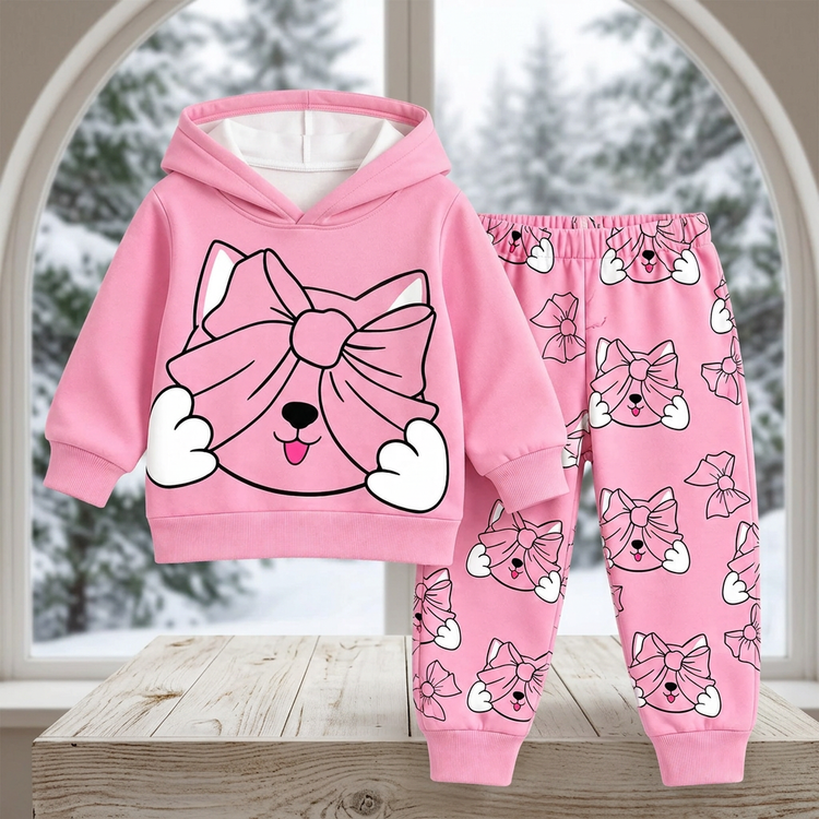 Pink bow-and-cat print hoodie and matching joggers displayed in a snowy woodland catalog setting