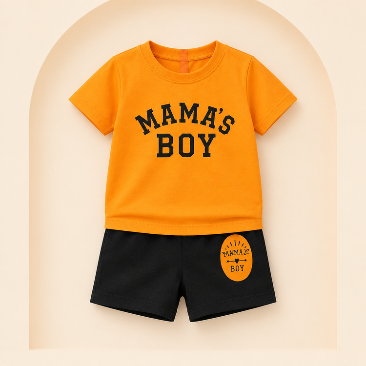 Orange Mama’s Boy kids’ T-shirt with black shorts on a warm studio background