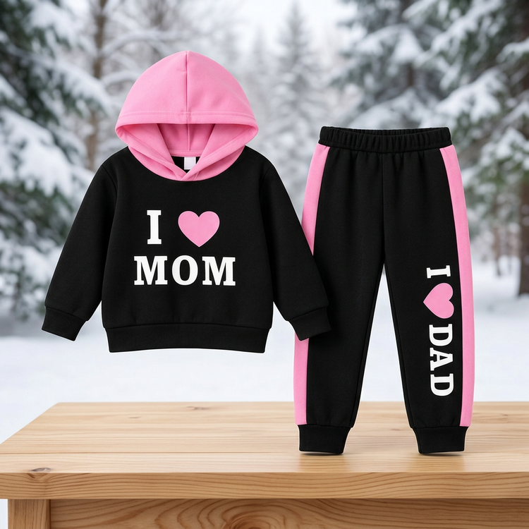 Black hoodie with pink hood and I love Mom print beside matching I love Dad joggers in a snowy woodland catalog setting