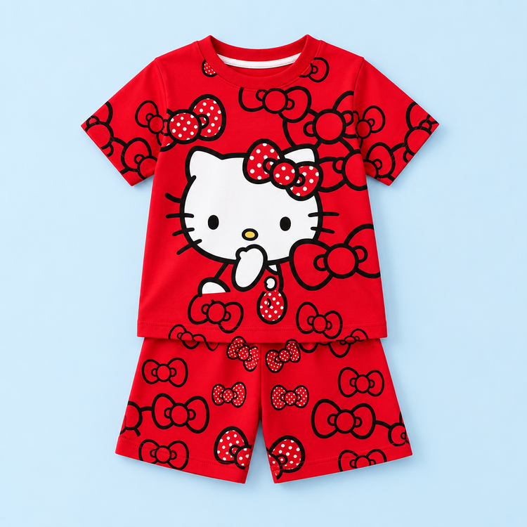 Red cartoon cat top and matching bow print shorts against a pale blue background