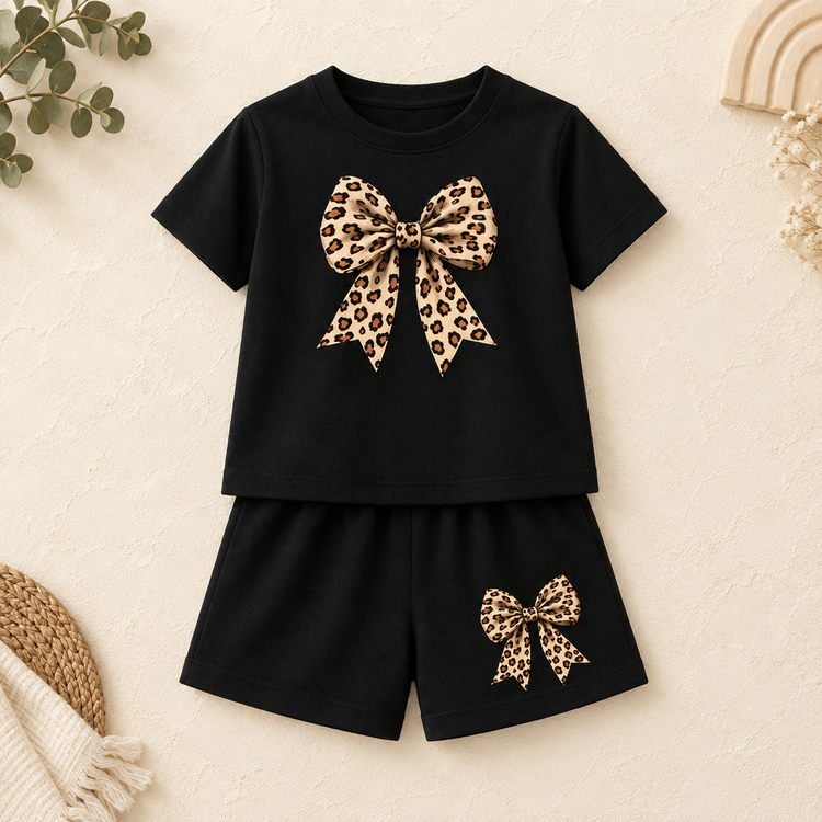 Black kids T-shirt and shorts set with leopard-print bows on a realistic neutral studio background