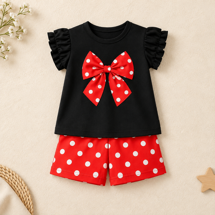 Girls black ruffle sleeve top with red polka dot bow and matching shorts on a neutral catalog background