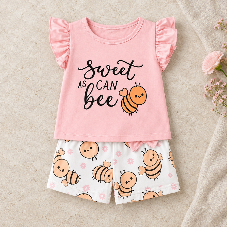Pink Sweet as Can Bee flutter top and white bee-print shorts on a realistic catalog background