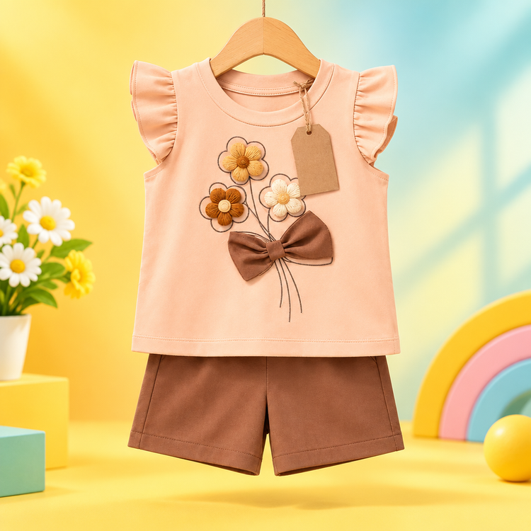 Girls peach floral top and brown shorts set on hanger with bright background