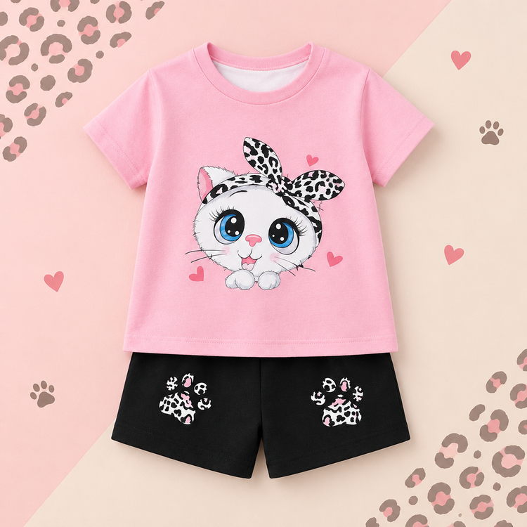 Girls pink kitty tee and black leopard paw print shorts set on a stylish blush background