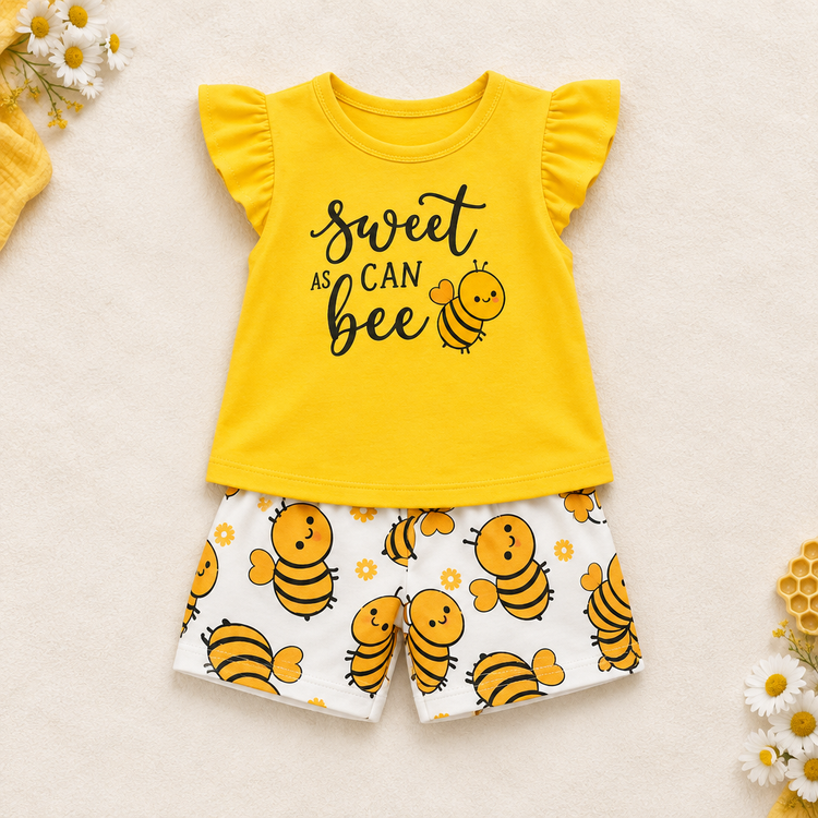 Yellow Sweet as Can Bee flutter top and white bee-print shorts on a realistic warm studio background
