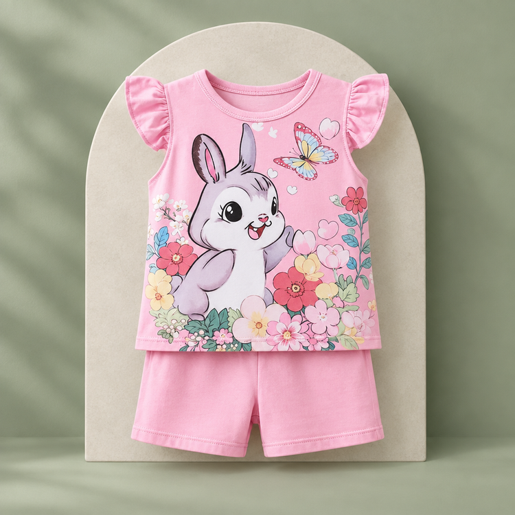 Pink bunny and floral flutter-sleeve top with matching shorts on sage green studio background