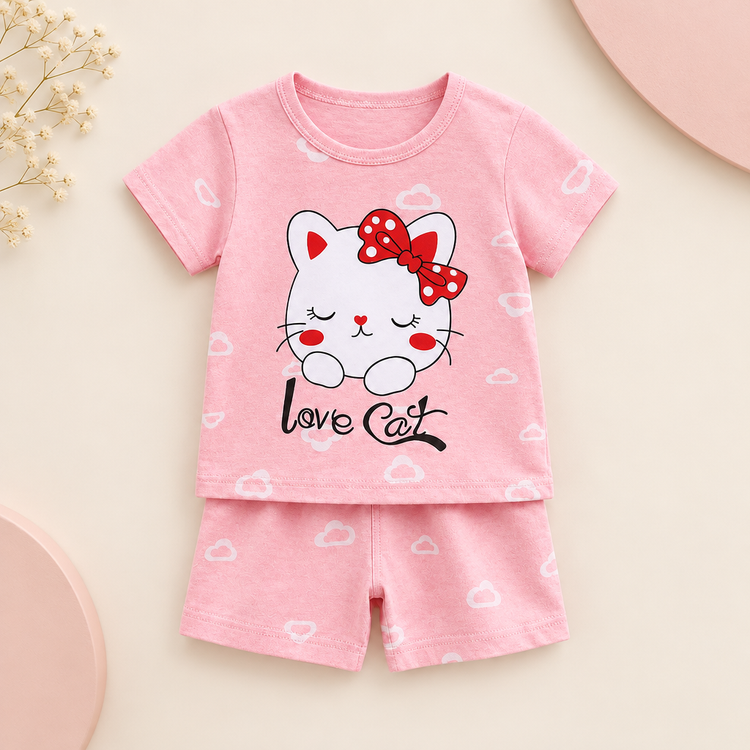 Pink kids T-shirt and matching shorts with white cat graphic and red bow