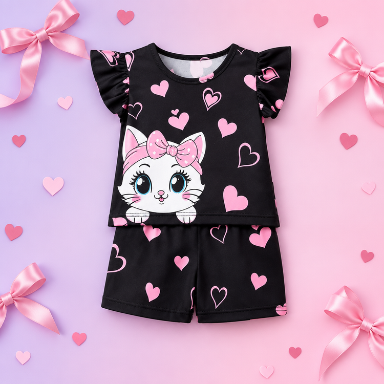 Girls black kitty heart print flutter sleeve top and shorts set on a lilac pink background