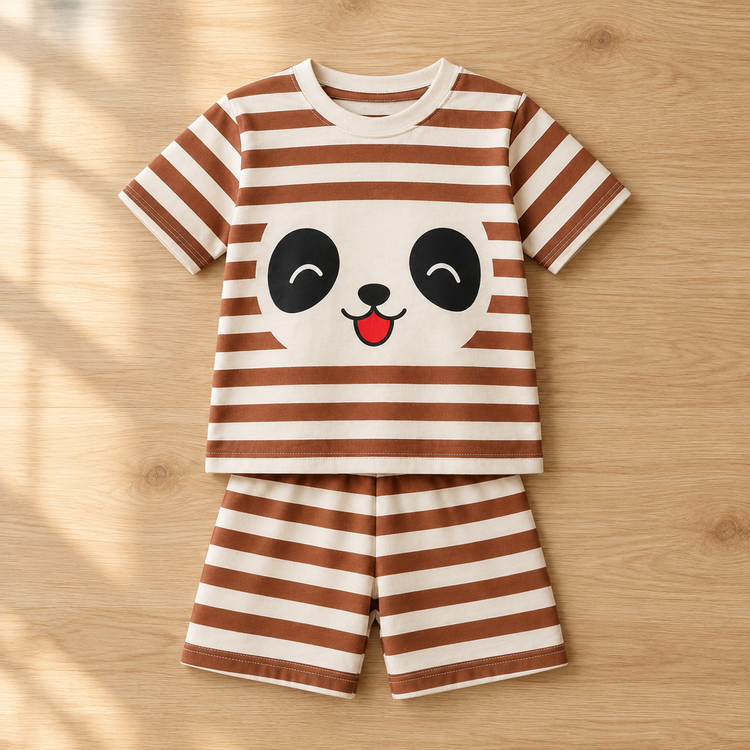Brown and cream striped panda T-shirt and shorts on natural light oak tabletop