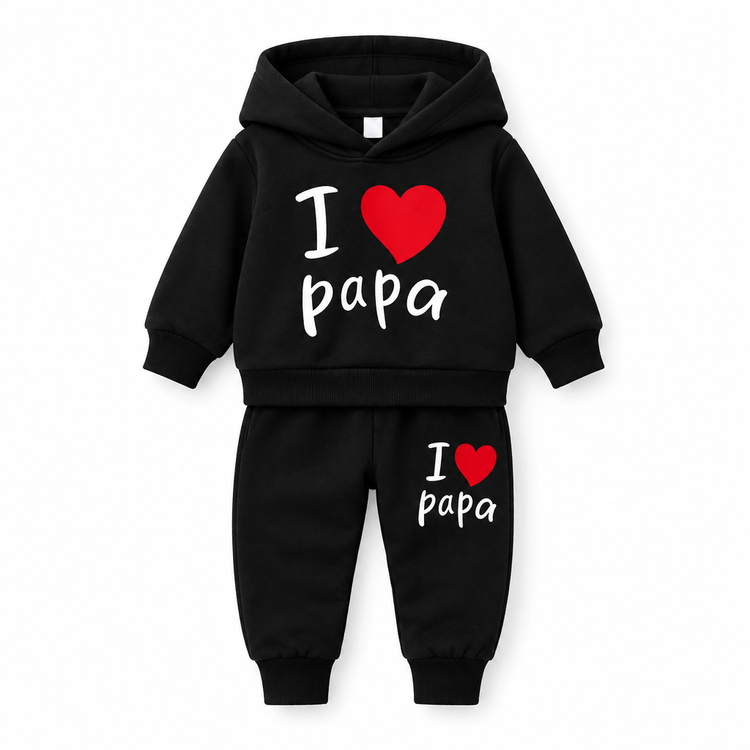 Black kids hoodie and matching joggers with white I papa lettering and red heart print