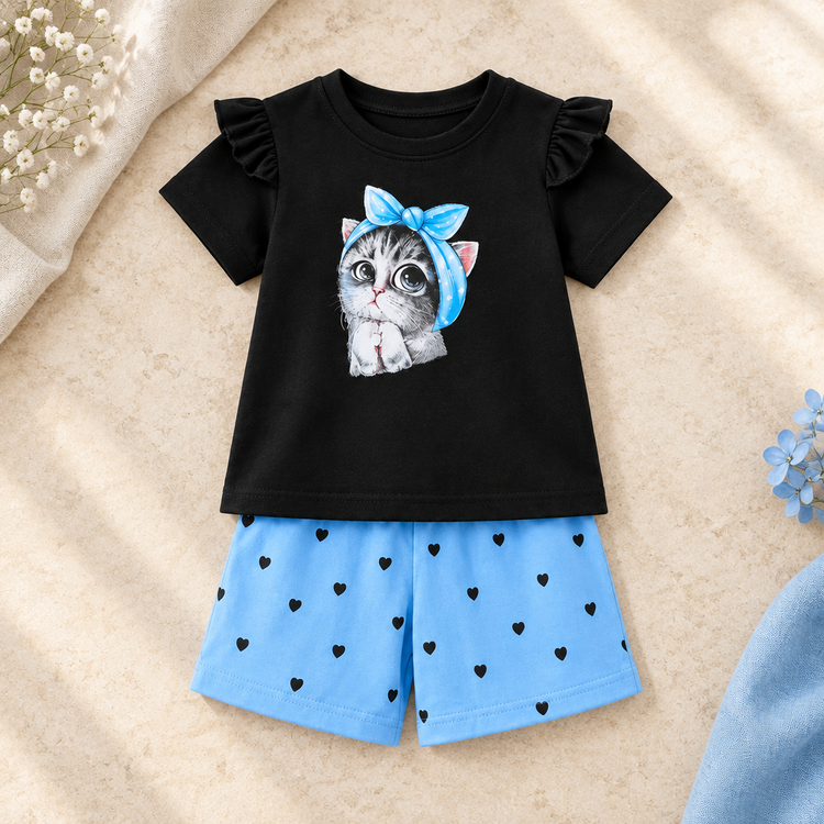 Black kitten bow top and light blue heart print shorts on a realistic catalog background