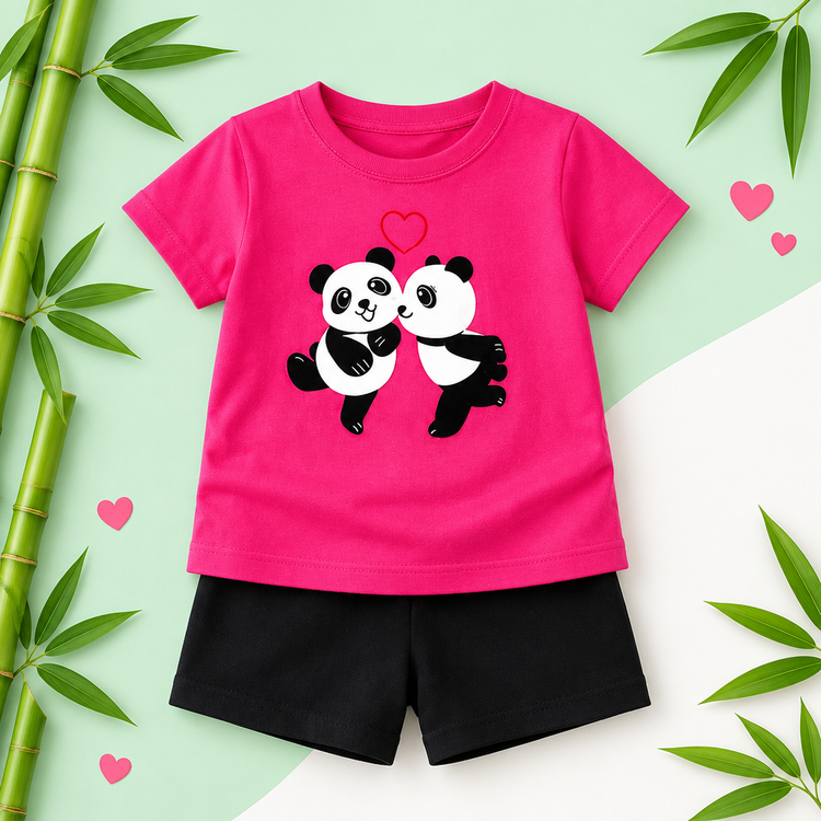 Kids hot pink panda love tee and black shorts set on a mint bamboo background