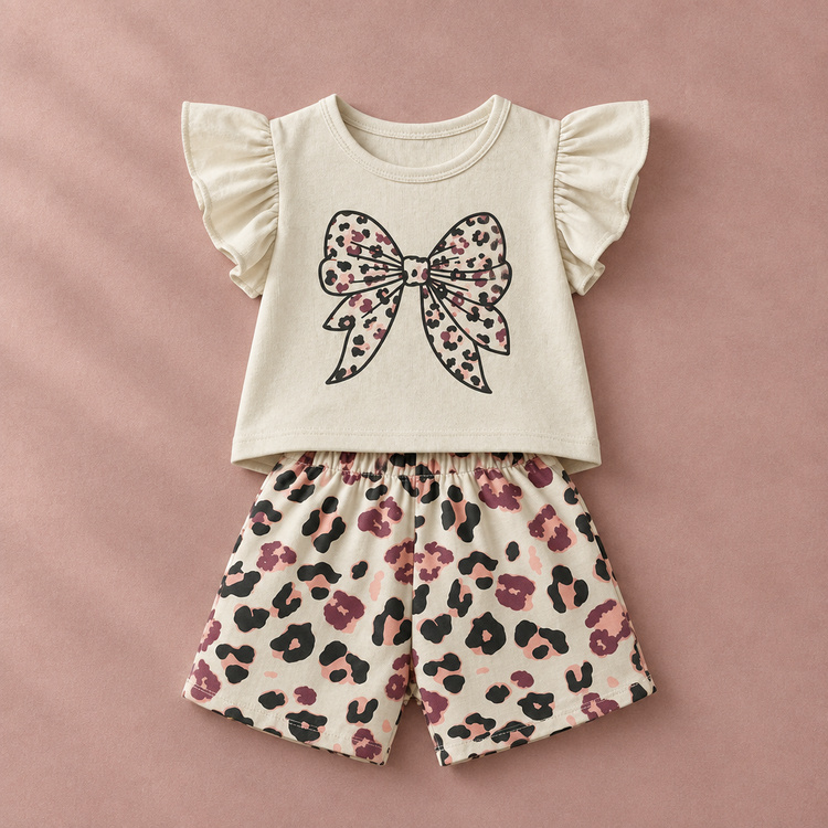Cream bow-print flutter-sleeve top and patterned shorts on dusty rose background