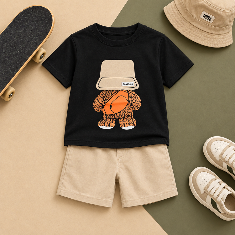 Kids black bucket hat bear tee and beige khaki shorts set on a stylish streetwear background