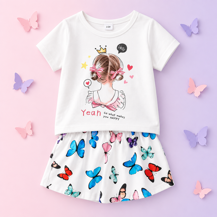 Girls white graphic tee and butterfly print shorts set on a pastel background