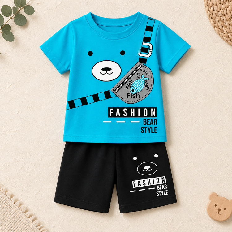 Turquoise bear graphic T-shirt and black shorts kids set on a realistic neutral catalog background