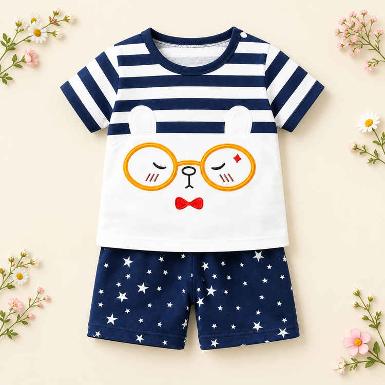 Navy-and-white striped animal-face kids T-shirt and navy star-print shorts with delicate flowers around the edges