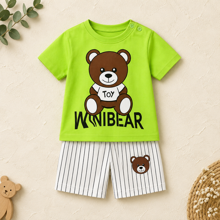 Lime green teddy bear T-shirt and white striped shorts kids set on a neutral catalog background