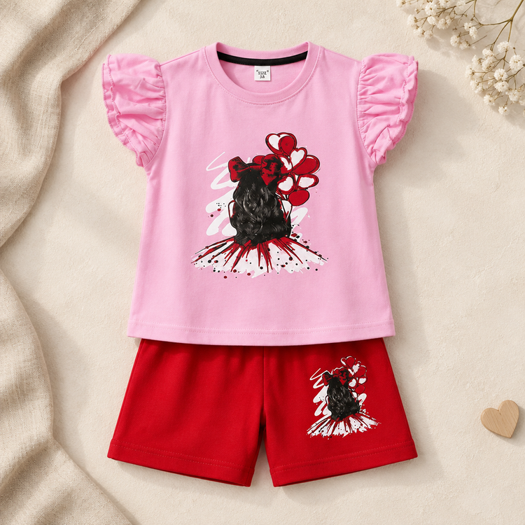 Pink graphic flutter sleeve top and red shorts kids outfit on a realistic neutral catalog background