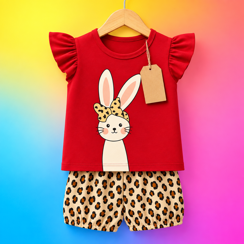 Red bunny graphic flutter sleeve top and leopard print shorts set on hanger with bright background