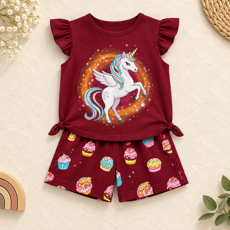 Burgundy unicorn flutter sleeve top and cupcake print shorts on a realistic catalog background