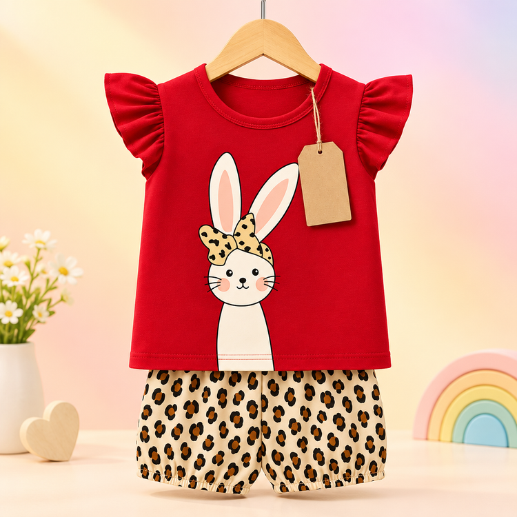 Red bunny graphic flutter sleeve top and leopard print shorts set on hanger with bright pastel background