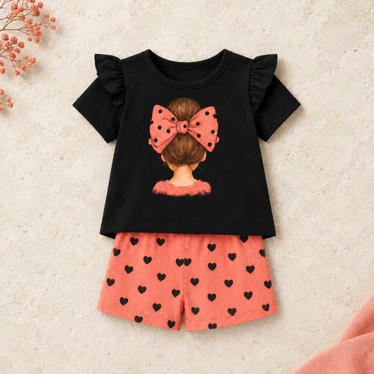Girls black bow graphic top and coral heart shorts on warm realistic studio background