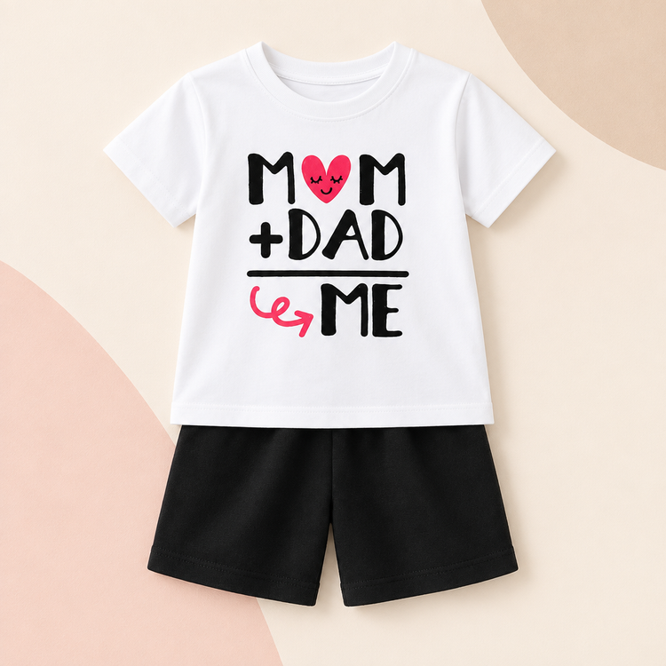 White Mom + Dad = Me kids T-shirt with black shorts on a warm ivory catalog background