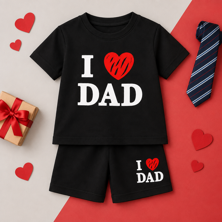 Kids black I Love Dad t-shirt and shorts set on a stylish grey and red background