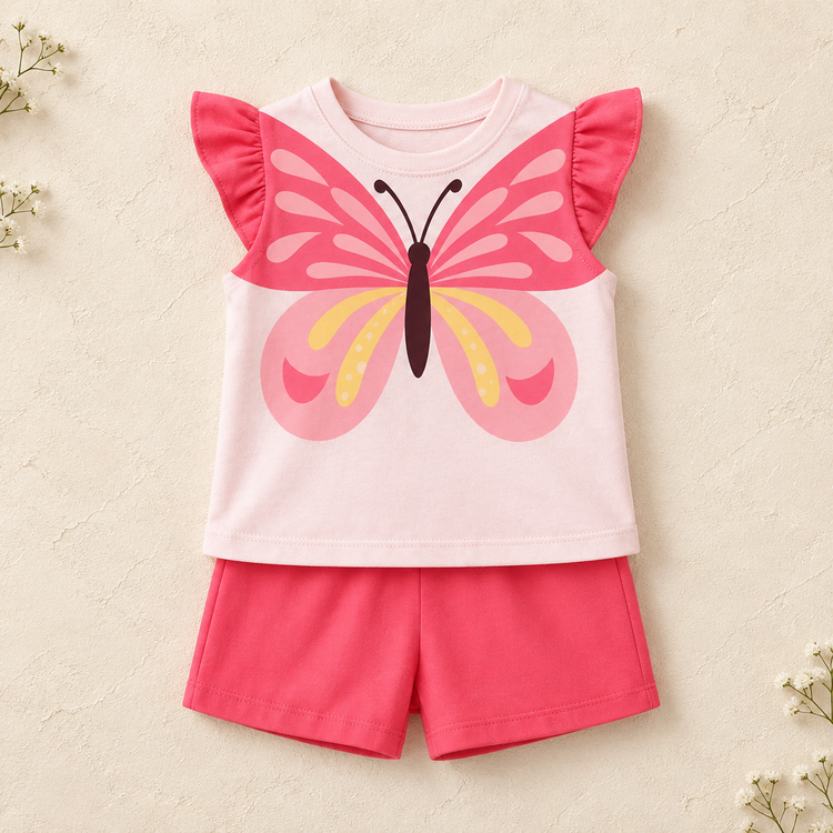 Pink butterfly ruffle top and coral shorts on a realistic cream catalog background