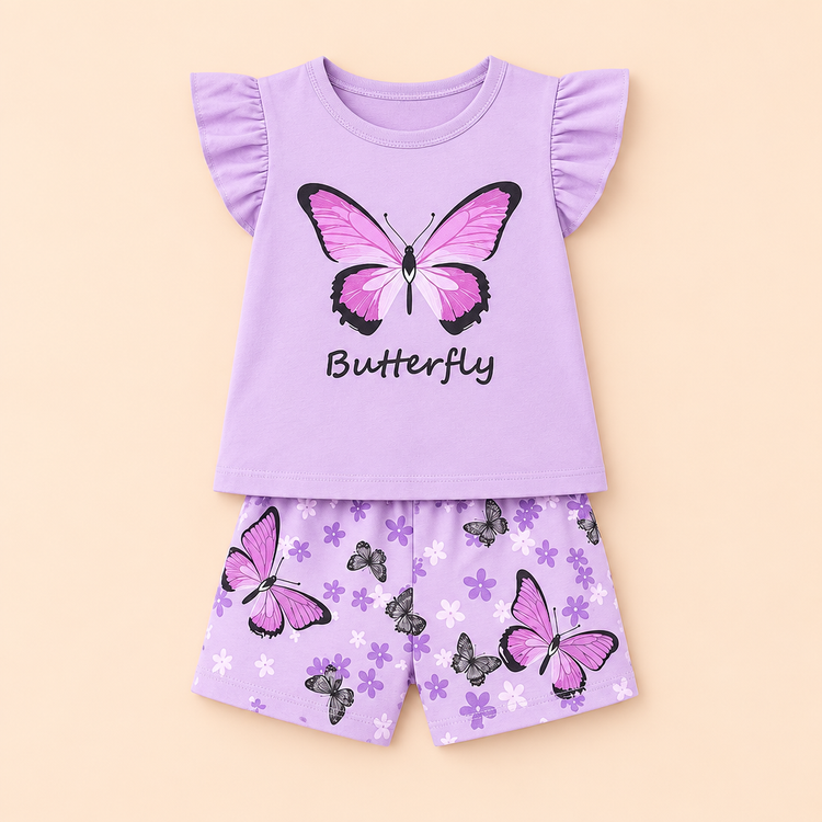 Lavender ruffle-sleeve butterfly top with matching butterfly-print shorts on a peach background