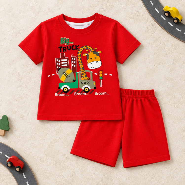 Red giraffe truck graphic T-shirt and matching shorts on realistic catalog background