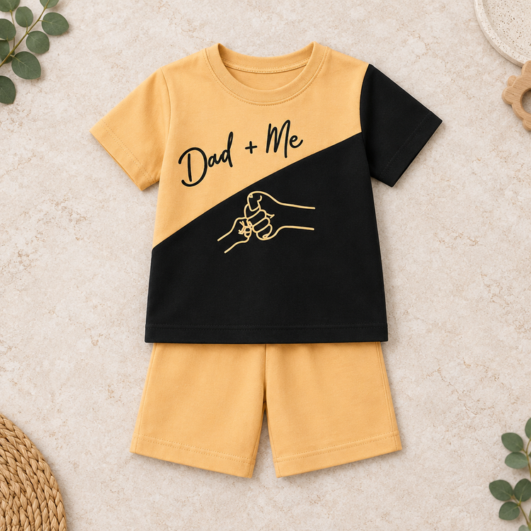 Dad + Me beige and black color block T-shirt with beige shorts on realistic studio background